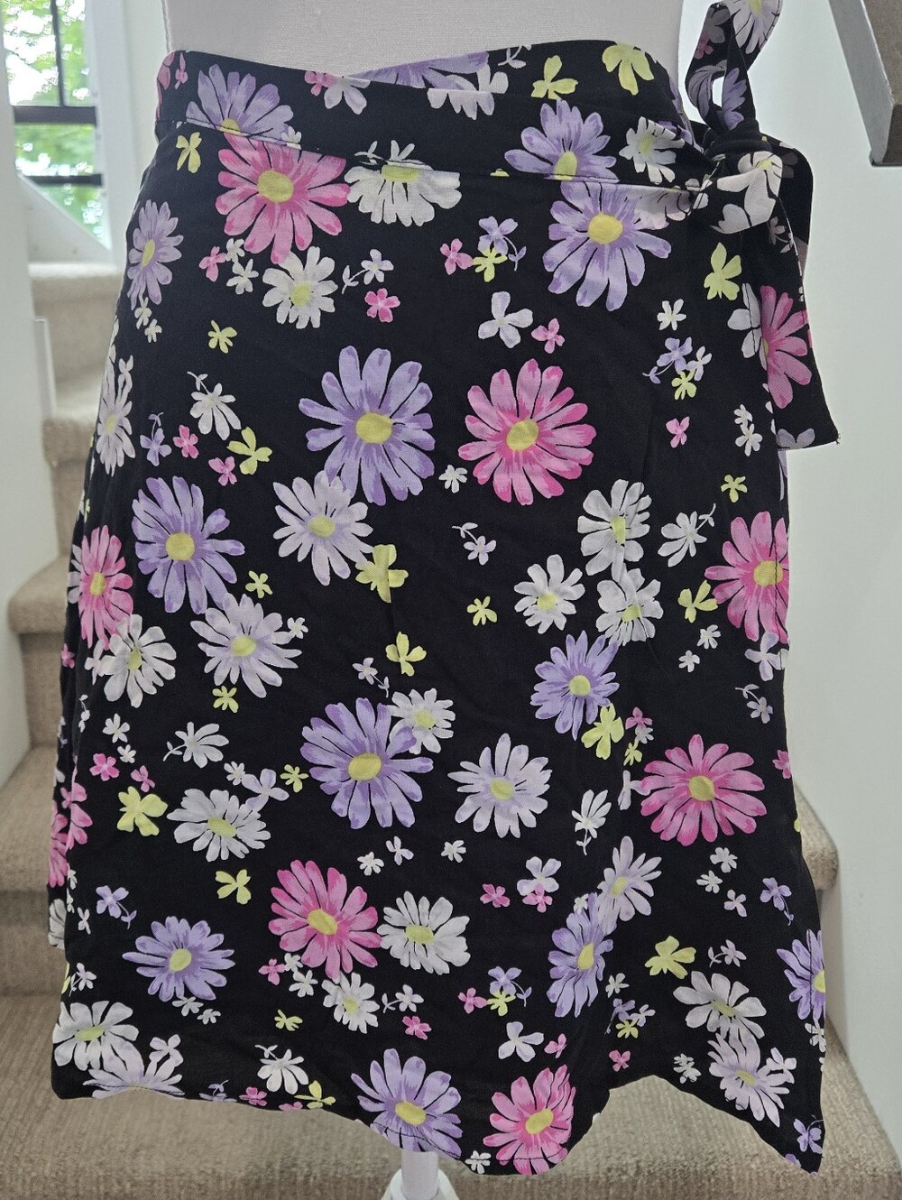 H&M Black Wrap Mini Skirt with Pink, Purple, White & Yellow Daisy Print